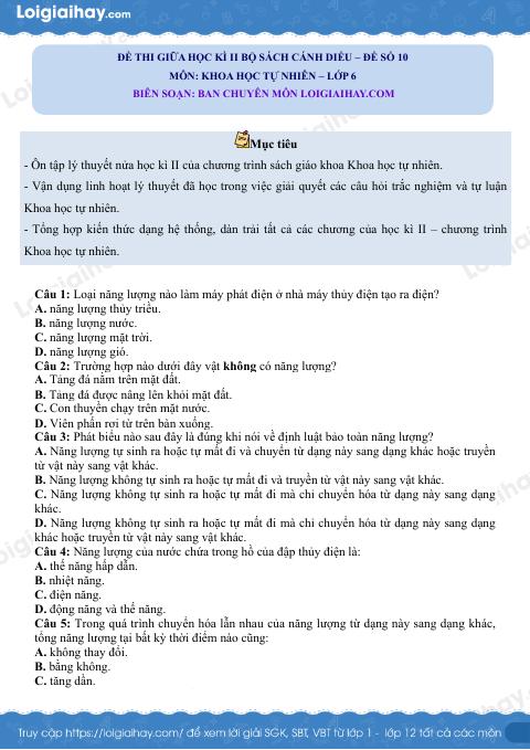 Đề thi giữa học kì 2 KHTN 6 Cánh diều - Đề số 10